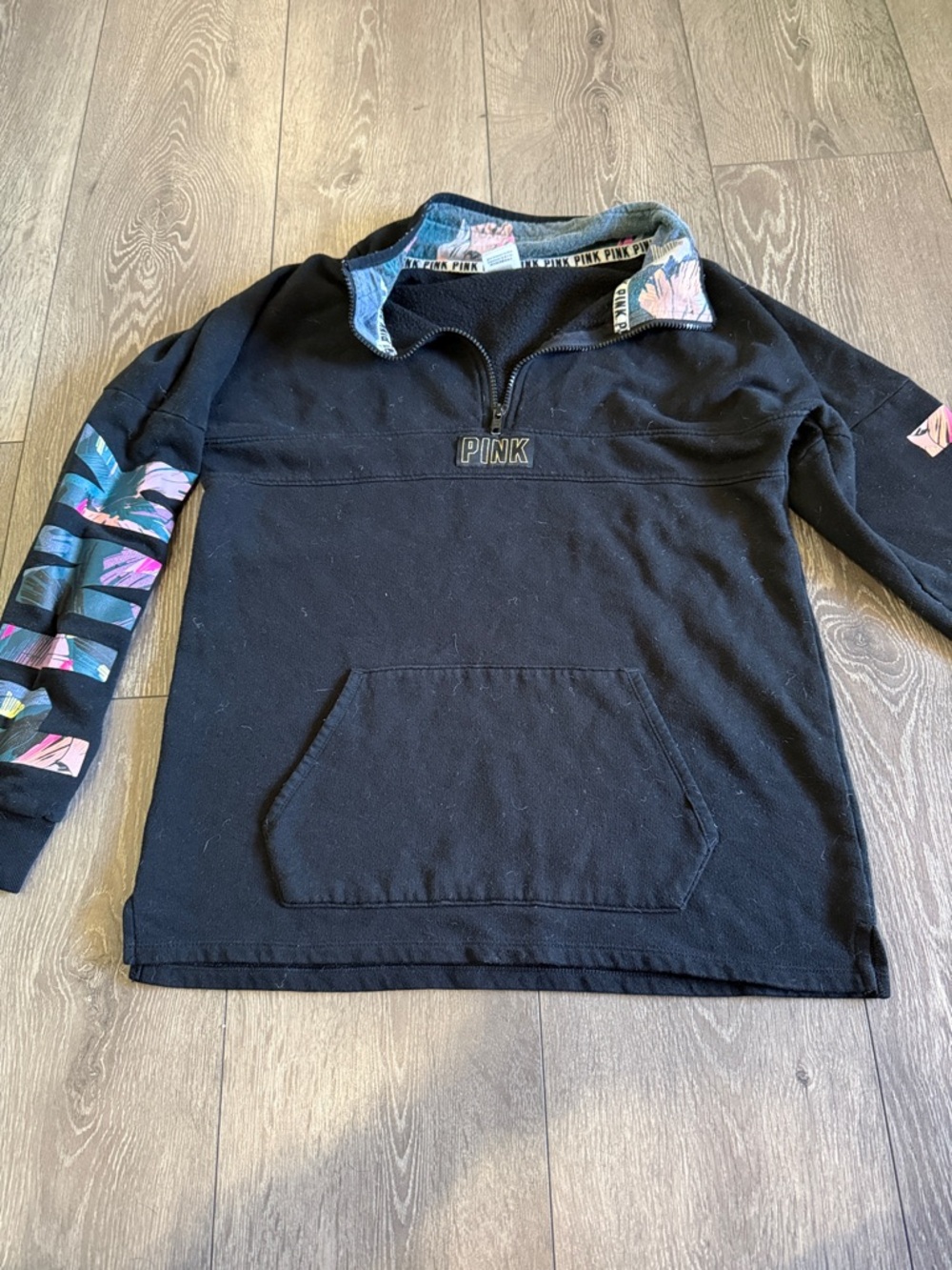 PINK Victoria's Secret Black Half-Zip Pullover with Floral Trim